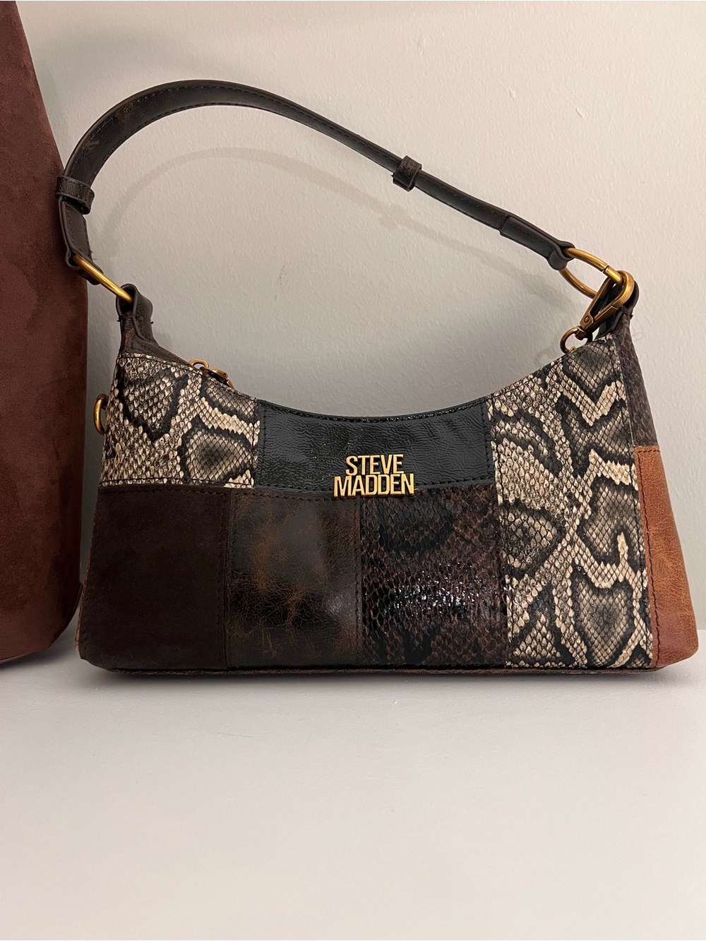 Steve Madden Brown Patchwork Snake-Print Shoulder Bag with Gold Logo